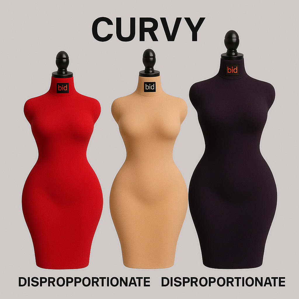 Three curvy BBL dress forms in red, nude and black