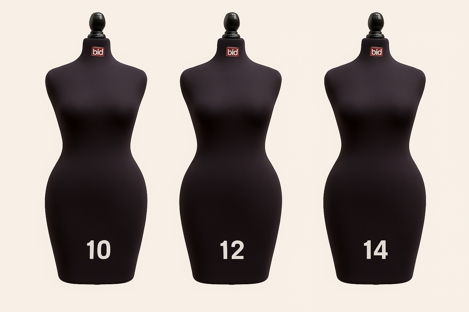 Three shoulder-to-knee dress forms showing sizes 10, 12 and 14