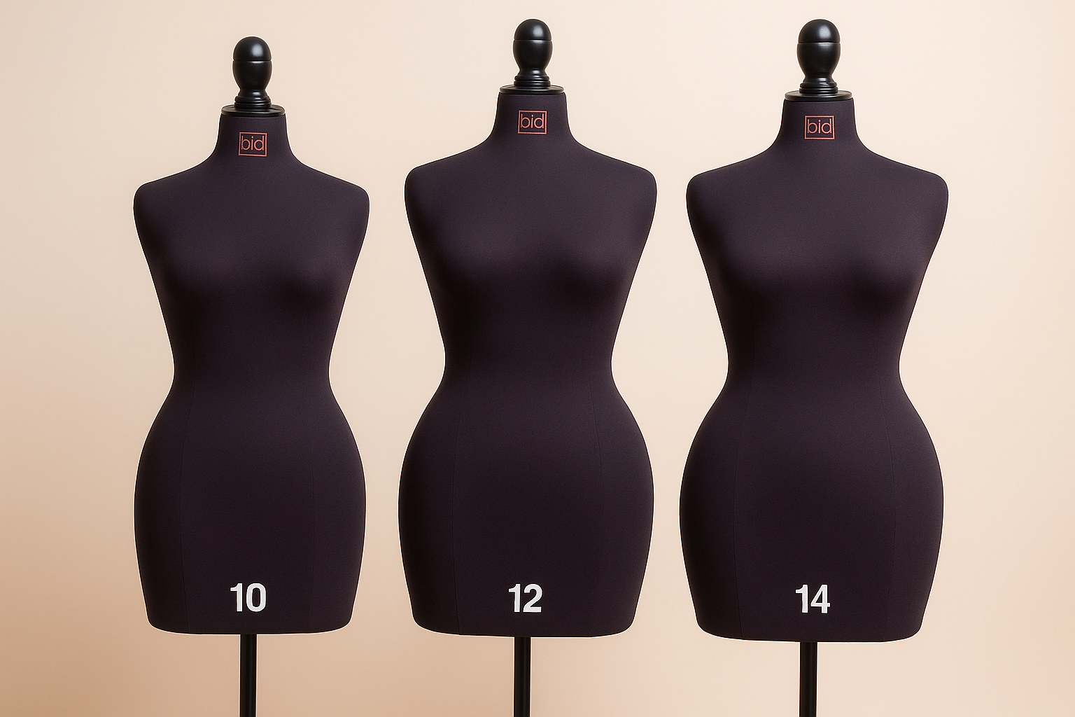 Three shoulder-to-thigh dress forms showing sizes 10, 12 and 14